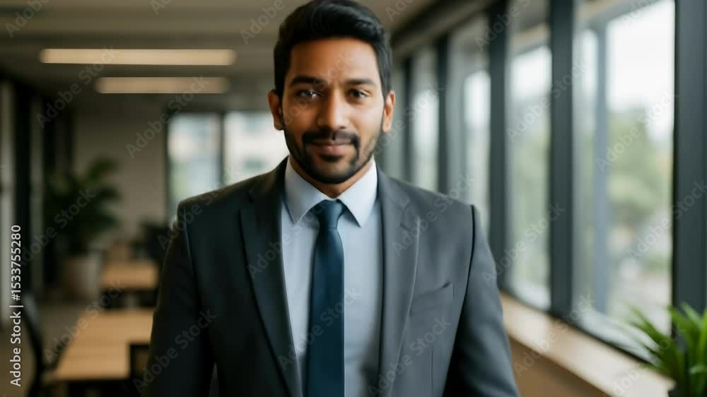 Poster professional video concept featuring a confident man in a suit, smiling in an office setting. captur
