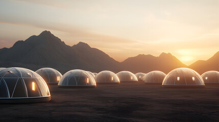 Transparent geodesic domes are set on a flat desert landscape with mountains and a sunset in the background, suggesting futuristic or off-world habitation.