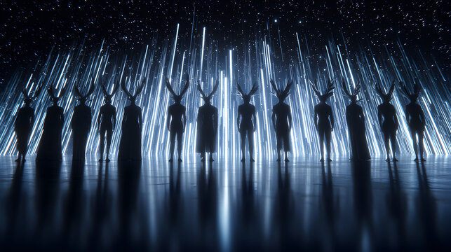 Silhouetted figures wearing antler-like headpieces stand illuminated against a striking backdrop of vertical blue and white light beams. - Powered by Adobe
