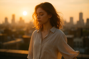 Peaceful Woman Meditating at Sunset on Urban Rooftop