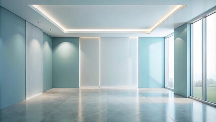 Fototapeta premium Modern minimalist interior design of an empty room with pale blue walls, a white feature wall, and polished concrete floor