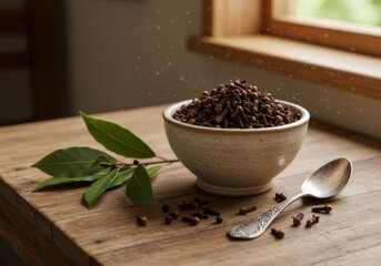 Still life of cloves in a bowl with bay leaves and a spoon on a wooden table near a window sill