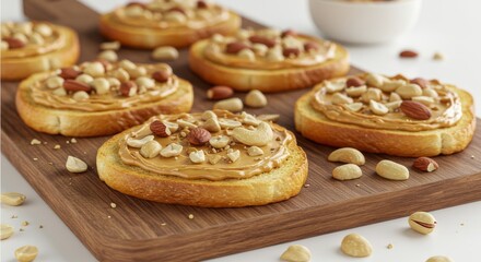 Peanut butter toast with nuts on a wooden board, a delicious and healthy breakfast or snack option