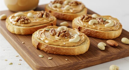 Peanut butter toasts topped with walnuts and cashews on a wooden board for a tasty snack idea