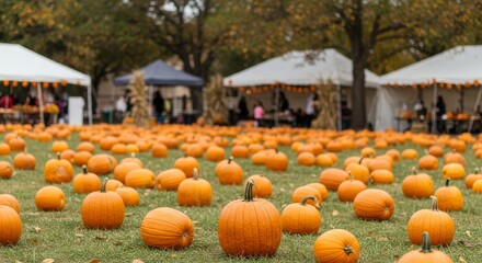 A large pumpkin patch with many orange pumpkins scattered across the green grass and white tents behind it