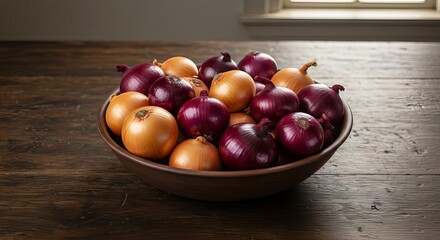 A bowl filled with a mix of yellow and red onions sitting on a wooden table near a window light