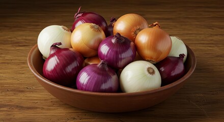 A bowl full of onions of different colors on a wooden table top in a studio shot environment