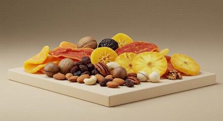 Still life of dried fruits and nuts arranged on a light colored square platform in a studio setting