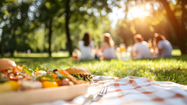 A blurred group of friends enjoys a sunny picnic in a green park, with a focus on a delicious burger and colorful food on a checkered blanket.