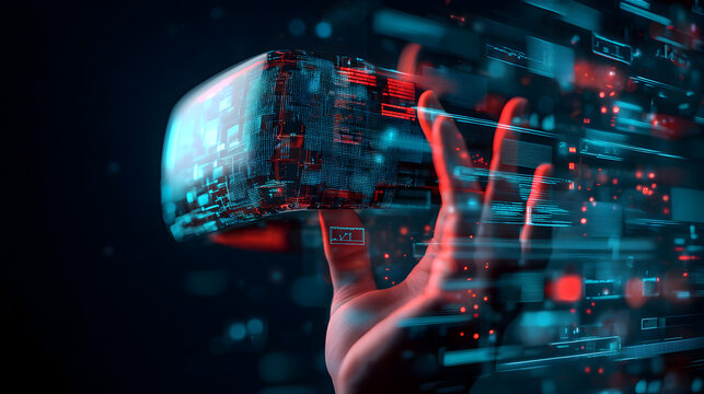 A hand interacts with a futuristic VR headset, surrounded by glowing digital data streams and holographic interfaces in a dark cyber environment.