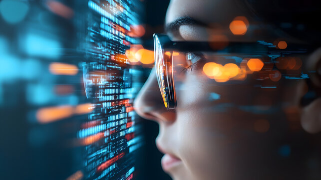 A person wearing glasses intensely analyzes colorful, blurred lines of digital code reflected on a screen in a dark environment.