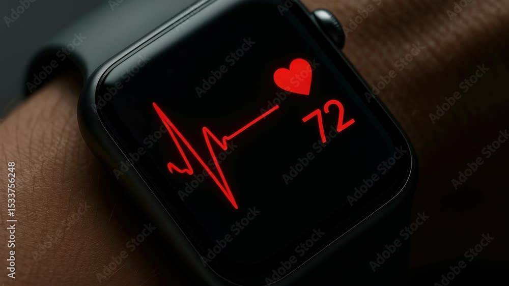 Poster close-up of a smartwatch displaying a heart rate monitor with red graphics. captured from a side ang