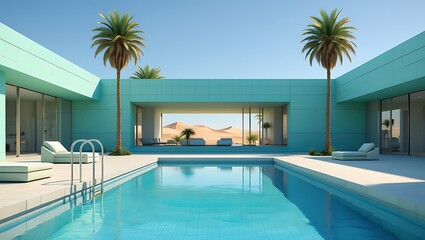 Fototapeta premium Elegant Pool Oasis Surrounded by Tranquil Desert Scenery and Greenery