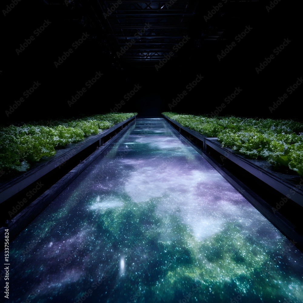 Poster futuristic floating dashboard displaying plant growth data over rows of lettuce