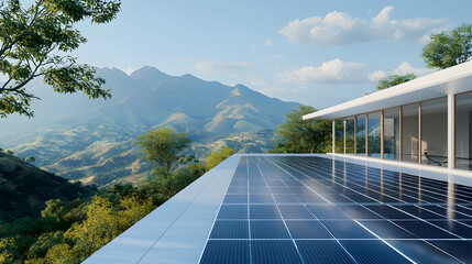 Modern building with solar panels on the roof overlooks a lush green valley and mountain range under a partly cloudy sky.