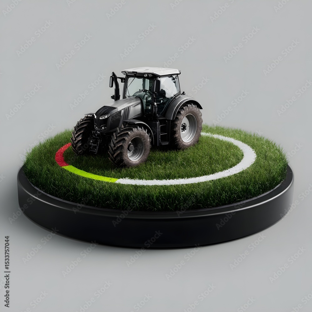 Poster tractor with eco efficiency score display floating on grass field