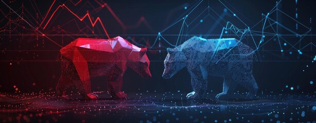 modern stock market background with red and blue glowing bear and bull, trading charts, low poly wireframe, digital graphics on dark background