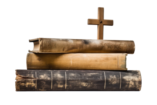 old books with wooden christian cross isolated on white or transparent png - Powered by Adobe