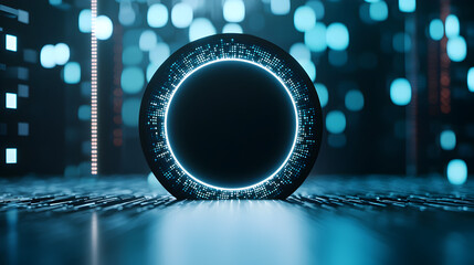 A futuristic glowing circular portal surrounded by digital lights and bokeh effects in a dark, high-tech environment.