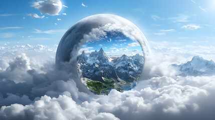 A surreal landscape showing mountains and lake inside a giant transparent sphere floating above clouds, with another smaller sphere in the sky.