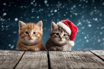 Adorable Christmas Kittens in Santa Hats on Snowy Wooden Background