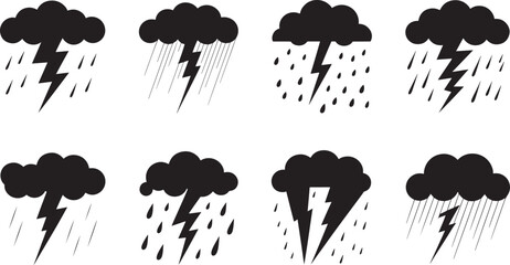 Black and white vector icons depicting thunderstorms with clouds rain and lightning strikes.