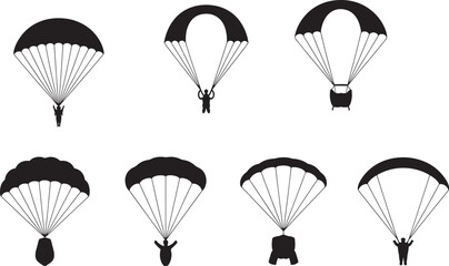 Black and white vector illustration of various skydiving parachute designs in flight
