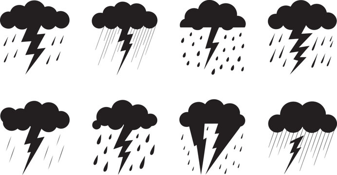 Black and white vector icons depicting thunderstorms with clouds rain and lightning strikes.