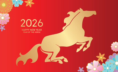 Year of the horse 2026 gold and red banner with flowers decorations Lunar new year celebration card with golden zodiac horse silhouette on floral background. Zodiac horse with spring flowers.