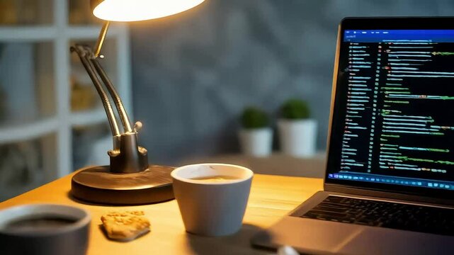 A programmer's desk during a late-night session, with code on a laptop, multiple coffee cups, snacks, and a warm desk lamp