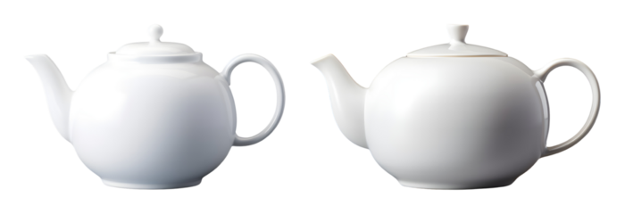 Two Elegant White Ceramic Teapots With Lids Are Displayed Side By Side Against A Transparent Background Perfect To Isolate
