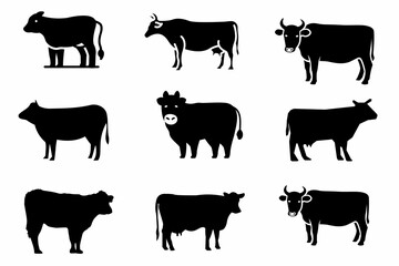 Set of farm animals icons silhouette , Cow icon set, set of cow icons, silhouettes of cow icons set, set icons of animals 