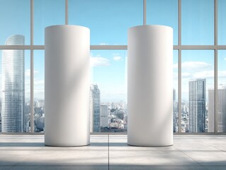 Two large, blank, cylindrical displays in a modern, city-view interior