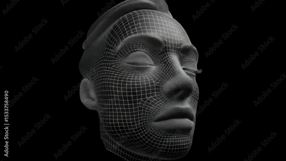 Poster human face with grid wireframe texture on dark background. digital head model. artificial intelligen