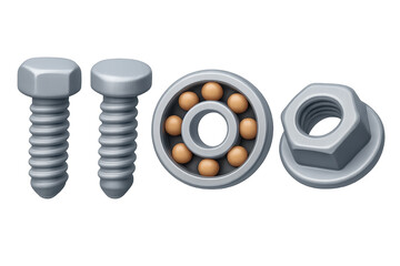 Metal hardware components: screws, bearing, nut on metallic background