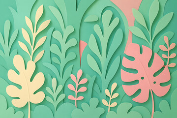 Fototapeta premium Colorful paper cut illustration of tropical plants and leaves in a layered design showcasing nature's beauty 