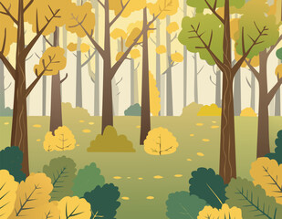 A forest landscape with trees, green grass and bushes