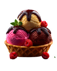 Delicious ice cream scoops (vanilla, strawberry, chocolate) served in a textured waffle basket, soft lighting, photorealistic PNG style