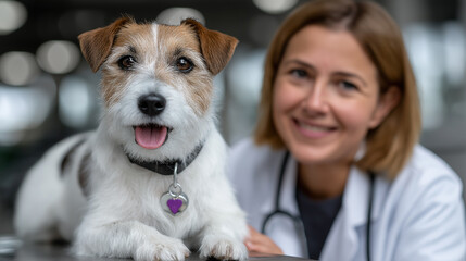 Modern veterinary clinic with soft lighting where a veterinarian gently examines a patient dog, promoting responsible pet ownership and vet services, veterinarian clinic, pet examination, Jack Russell