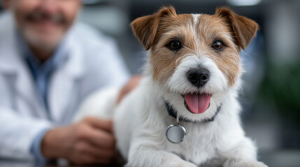 Calm Jack Russell dog being examined by a vet in white coat using a stethoscope inside a clean and well-lit veterinary clinic, veterinarian clinic, pet examination, Jack Russell Terrier, dog checkup

