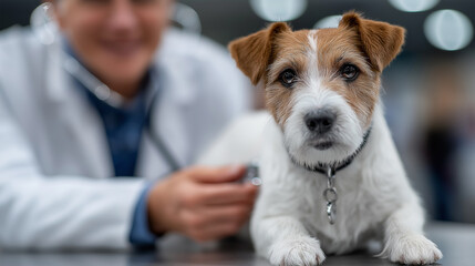 Professional pet checkup scene with compassionate vet and Jack Russell Terrier on metal exam table, symbolizing animal care and regular vet visits, veterinarian clinic, pet examination, Jack Russell

