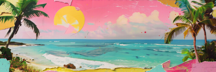 Panorama view of retro tropical beach with pop art abstract background. Generative ai.