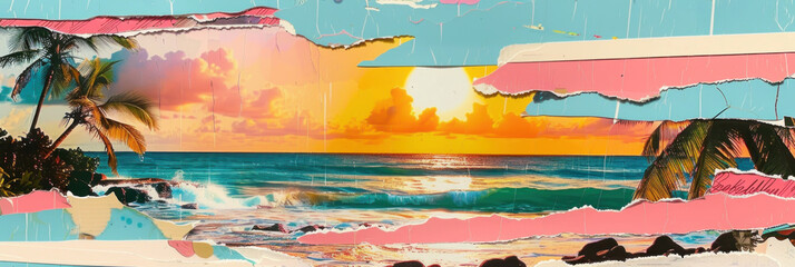 Fototapeta na wymiar Panorama view of retro tropical beach with pop art abstract background. Generative ai.