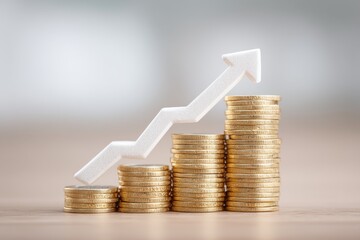 Growing financial success, stacks of gold coins representing investment growth on a subtle background, ideal for finance themes.
