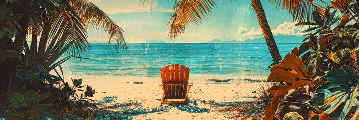 Panorama view of retro tropical beach with pop art abstract background. Generative ai.
