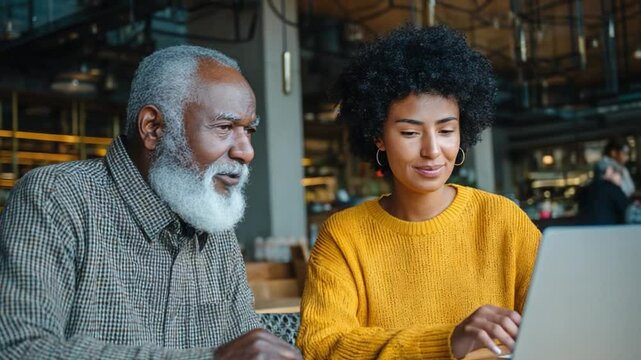 Intergenerational Learning: A heartwarming scene of knowledge exchange and collaboration, featuring a young woman and a senior man engaged in a shared learning experience.