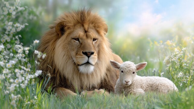 A majestic lion calmly grazing beside a gentle lamb in a sunlit meadow, peaceful symbolic scene of unity and hope, by Isaiah , on white background
