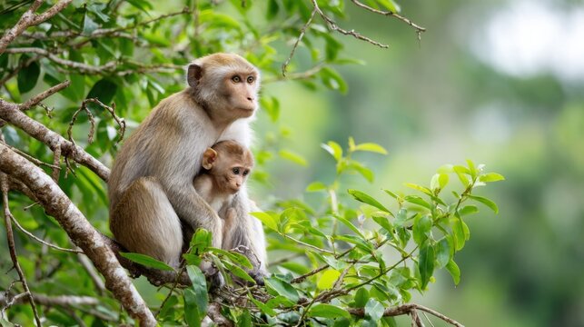 A monkey mother sitting on a branch, clutching her baby close while watching surroundings, rainforest background, emotional and wild moment, on white background