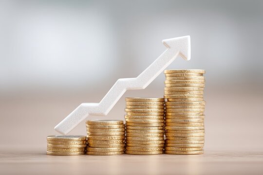Growing financial success, stacks of gold coins representing investment growth on a subtle background, ideal for finance themes.