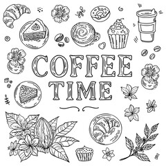 A hand-drawn set, a sketch in black ink, a coffee design in the style of sketches, made in the style of doodles. For a cafe.